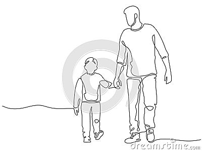 One line father. Dad walking with son. Fatherhood poster with man and child holding hands. Continuous lines happy Vector Illustration