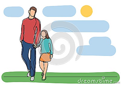 Father and daughter walking - single line drawing Vector Illustration