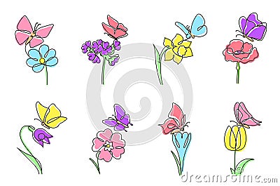 One line flowers with butterflies. Daffodil and tulip with butterfly on top, blooming flower and minimalistic spring Vector Illustration