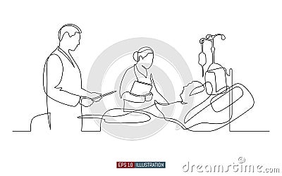 Continuous line drawing of doctors and patient. Hospital scene. Vector illustration. Vector Illustration