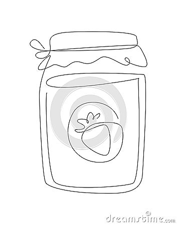 One line jar with a strawberry jam. line art Glass with a homemade marmalade. outline illustration. Vector Illustration