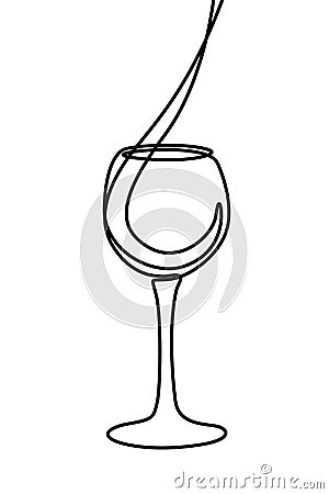 One line liquid is poured into a glass. Continuous line wineglass. Vector Vector Illustration