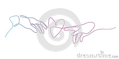 One line male and female hand are drawn to the heart design silhouette. Valentine`s Day. Love. Romance. Hand drawn minimalism styl Vector Illustration