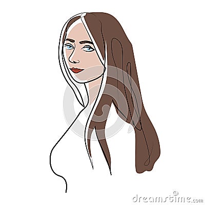 One-line portrait of a girl on white isolated background, surreal face Vector Illustration