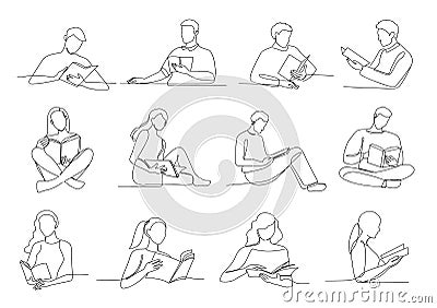 One line read books. Reading people, student with book engage in reading single continuous outline vector Illustration Vector Illustration