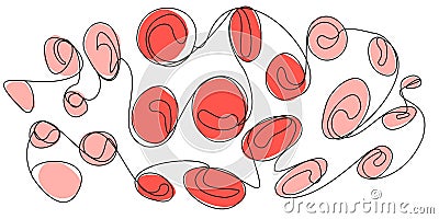 One line red blood cells in doodles style on white screen. Vector Illustration