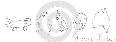 one line set of Australian animals. cockatoo outline. kiwi continuous line. crocodile lines design. turtle line art. Vector Illustration