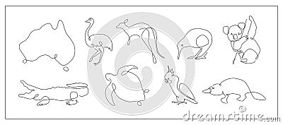one line set of Australian animals. Koala and cockatoo outline. Kangaroo and kiwi continuous line. Ostrich lines design Vector Illustration