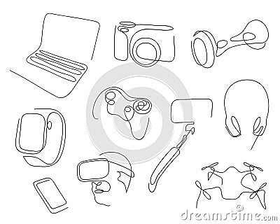 One line set of modern electronic gadgets for job, entertainment. Hand drawn vector illustration. Vector Illustration