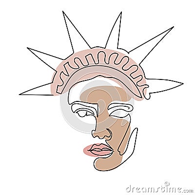 One line Statue of Liberty face. Minimalist continuous linear vector illustration. Patriotic modern wall art Vector Illustration