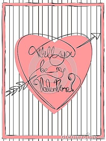 One line text `will you be my valentine?` in pink arrow pierced heart Vector Illustration