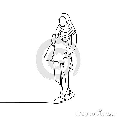 Trendy hijab girl wearing modern fashion with one continuous line art drawing vector illustration minimalist design isolated on Vector Illustration