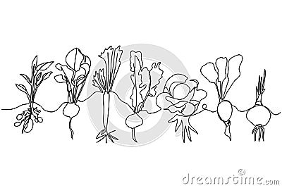 One line vector set of ripe vegetables, black and white sketch of plant family growing in the ground, isolated on white Vector Illustration