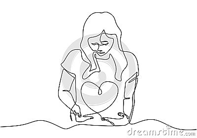 One line woman with heart love symbol. Continuous hand drawn minimalism, vector illustration Vector Illustration