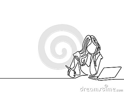 One line woman writing and study with help laptop. E-learning concept Vector Illustration