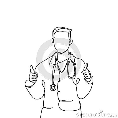 One line of young male doctors, good thumbs up concept. Attractive design of continuous lines Vector Illustration