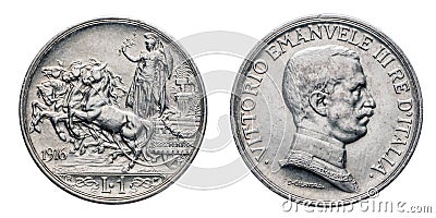 One 1 Lira silver Coin 1916 quadriga briosa horsed chariot, Vittorio Emanuele III Kingdom of Italy Stock Photo