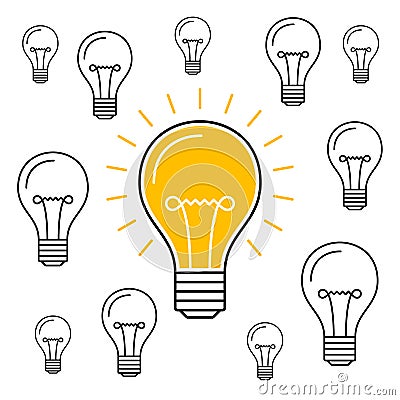 One lit bulb among unlit bulbs, New idea business illustration Vector Illustration