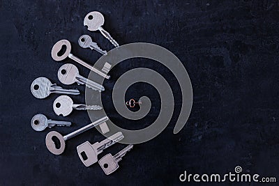 One lock and many keys. Concept of choice, variety of solutions Stock Photo