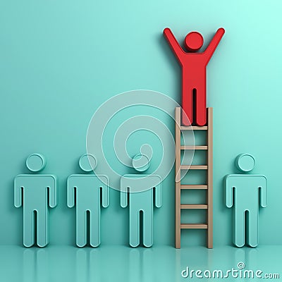 One man climbing ladder to standing on top above other green people Stock Photo