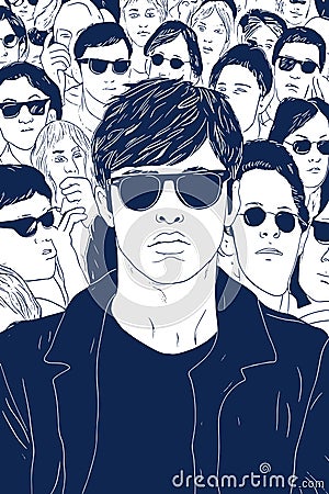 One man in a crowd of generic people where everybody looks similar and alike Vector Illustration