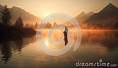 One man fishing at dawn, back lit by sunrise silhouette generated by AI Stock Photo