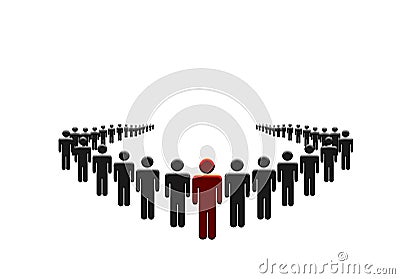 One Man Leads The Crowd Concept. Organized People with Leader Unique Character. Stock Photo