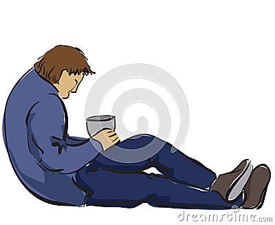 One man sitting in the street with small can for money. Vector Illustration