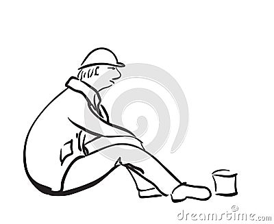 One man sitting in the street with small can for money. Vector Illustration