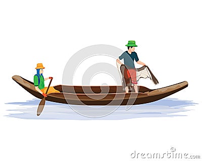 One man and woman Catch fish with nets Vector Illustration