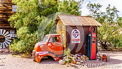 One of the many buildings and historic vehicles in the old mining town of El Dorado in Eldorado Canyon in Editorial Stock Photo