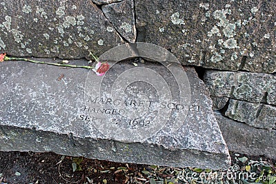 One of many stones honoring those killed unjustly, Salem Witch Trial Memorial, Salem Mass, 2019 Editorial Stock Photo