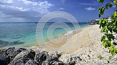 One of many white sand beaches with lazur ocean in the Speightstown town, located on the west coast of island Barbados, Caribbean Stock Photo