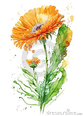 One marigold (calendula) flower in watercolor splash isolated on white background. Generative AI illustration Cartoon Illustration