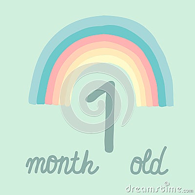 One month baby birthday greeting card invitation. Pastel multicolored rainbow hand lettering on light turquoise background. Kawaii Vector Illustration