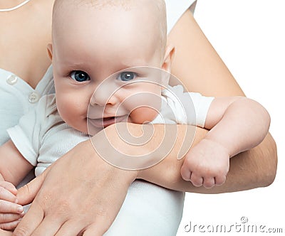 One month old baby boy in the comfort of moms arms Stock Photo