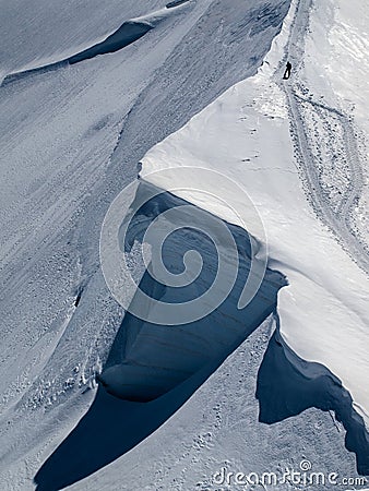One mountaineer on a dangerous path to Mont Blanc. Stock Photo