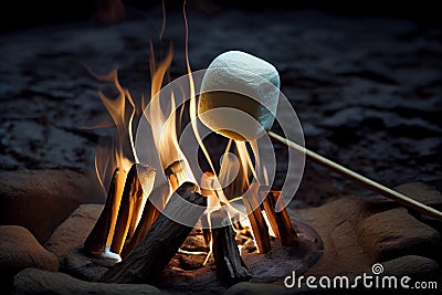 One with Nature: Making Marshmallows on the Campfire. AI Generated Stock Photo