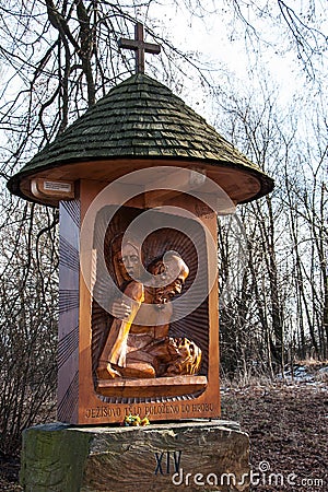 One of the new Stations of the Cross to the hill of Uhlirsky vrch near Bruntal Stock Photo