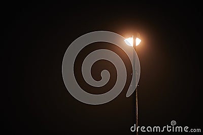One night lamppost shines with faint mysterious yellow light through evening fog, left copy space Stock Photo