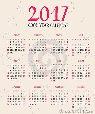 One page calendar 2017 with lettering months. Stock Photo