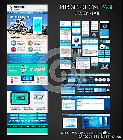 One page SPORT website flat UI design template. Vector Illustration