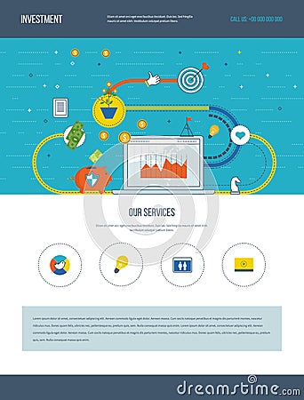 One page web design template of business analysis, financial strategy. Vector Illustration