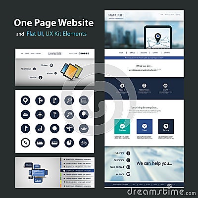 One Page Website Design Template and Flat UI, UX Elements Vector Illustration