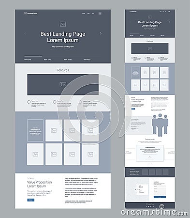 One page website layout template. Modern responsive design. Ux ui website. Landing page wireframe design for business. Vector Illustration