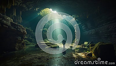One person adventure exploring the deep, dark underwater grotto generated by AI Stock Photo