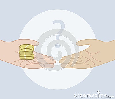One person changes a handful of coins on a blue background Vector Illustration