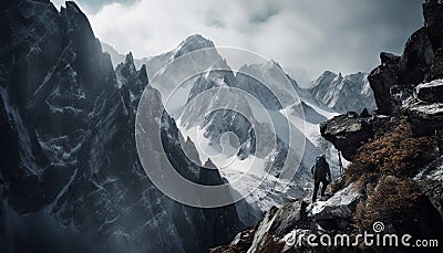 One person conquering adversity, hiking majestic mountain peak in solitude generated by AI Stock Photo