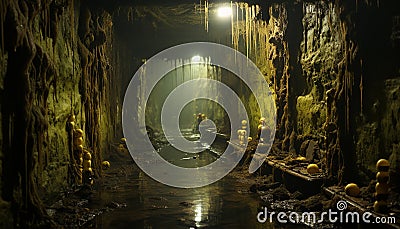 One person explores dark cave, illuminated by mysterious reflection generated by AI Stock Photo