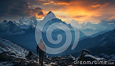 One person hiking, conquering mountain peaks, exploring majestic landscapes generated by AI Stock Photo